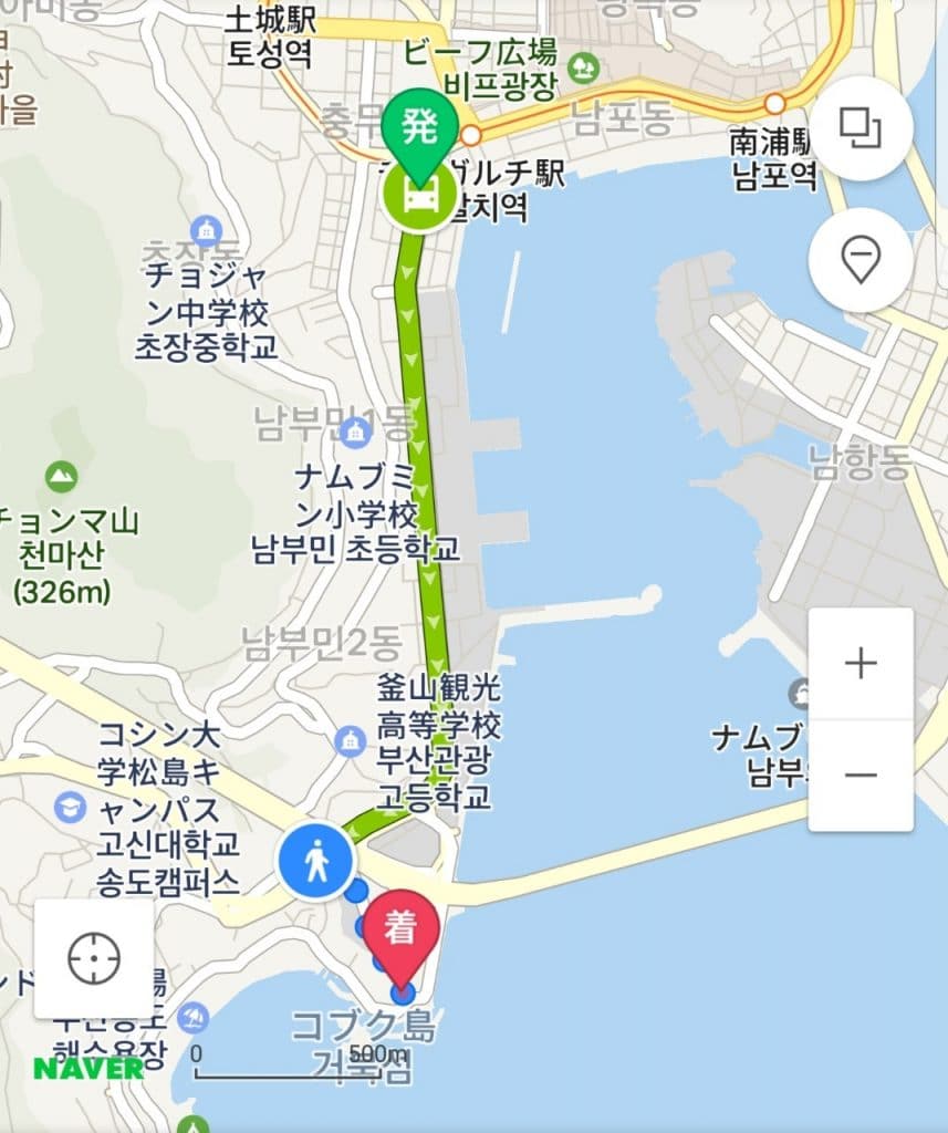チャガルチ駅から松島海上ケーブルカーでのバスルートのマップ