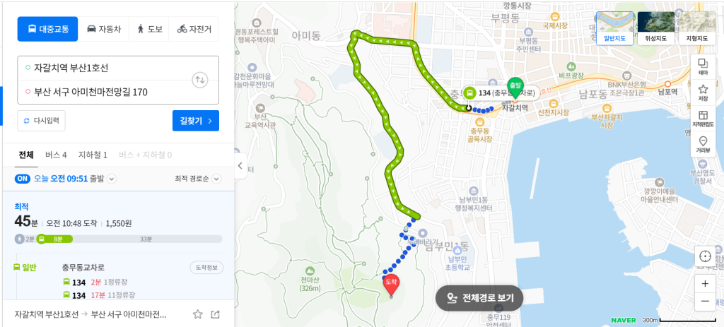 天馬山複合展望台への公共交通ルート（NAVER地図・バス＋徒歩）